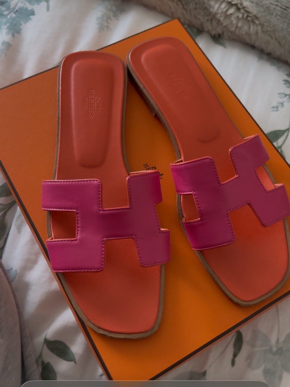 Hermes Pink Leather Slide Sandals with Orange Footbed